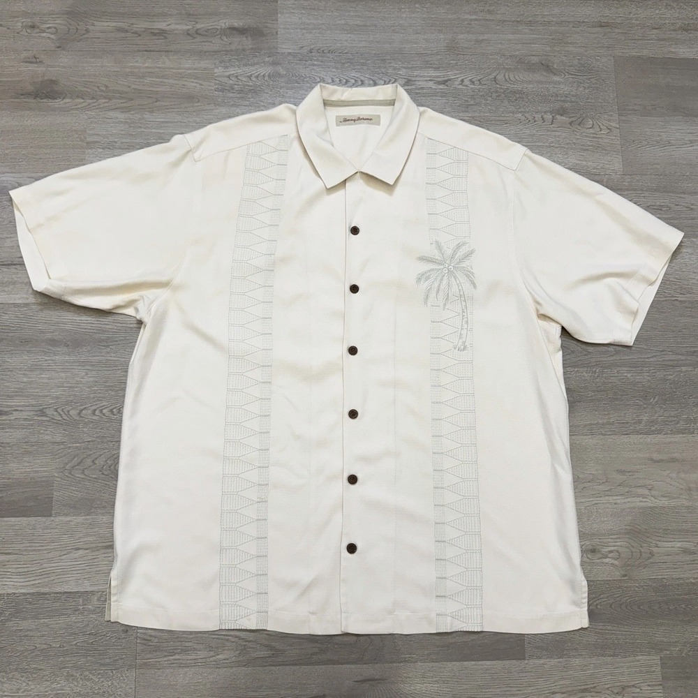 Tommy Bahama Men's‎ XL Silk Camp Shirt Beige Embroidered Palm Tree Aloha Casual